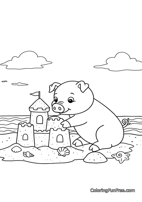 Pig building sandcastle
