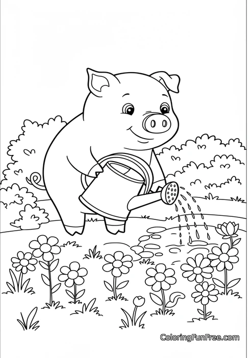 Pig watering flowers