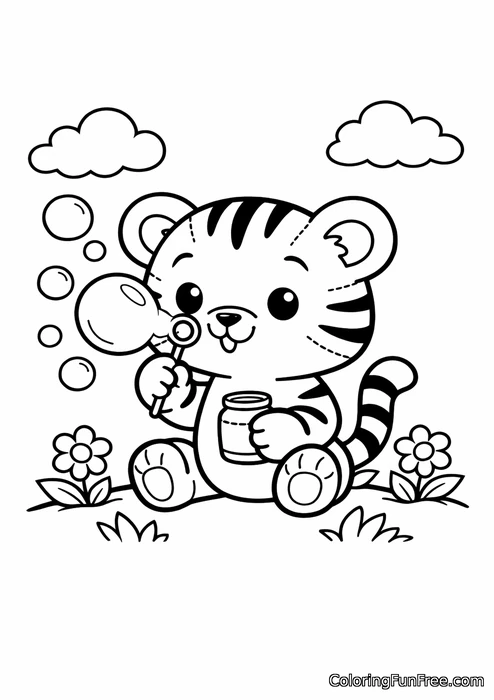 Baby tiger blowing bubbles