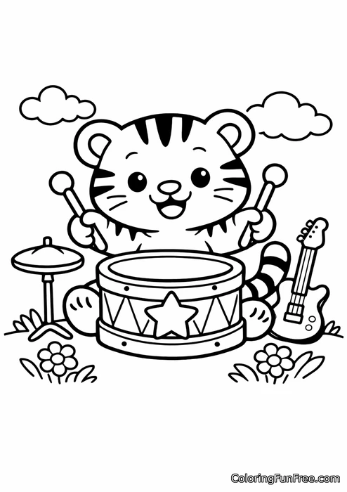 Baby tiger playing a drum in a band