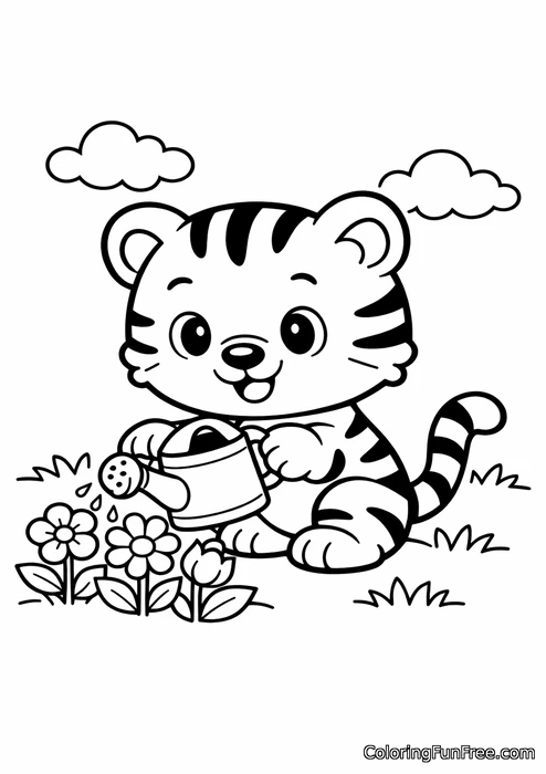 Baby tiger watering flowers in a garden