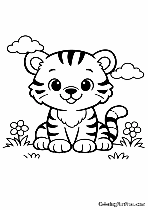 Cute baby tiger sitting and smiling