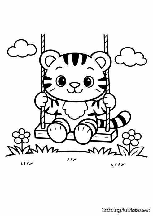 Cute tiger cub on a swing in the park