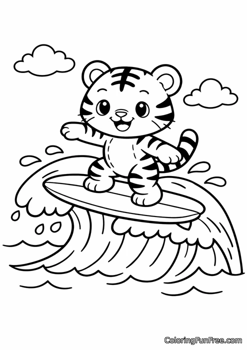 Cute tiger cub surfing on a big wave