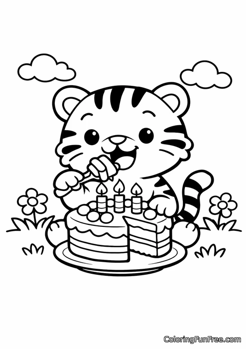 Cute tiger eating a birthday cake
