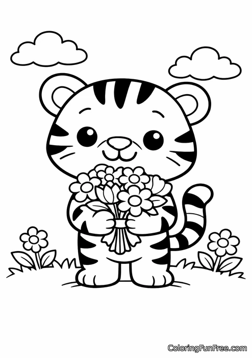 Cute tiger holding a bouquet of flowers