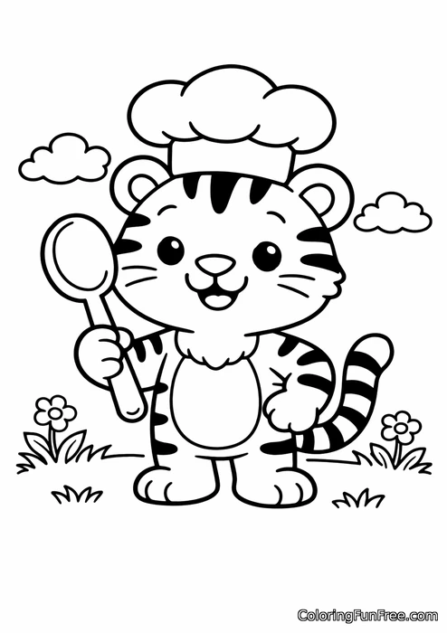 Cute tiger in a chef s hat holding a spoon