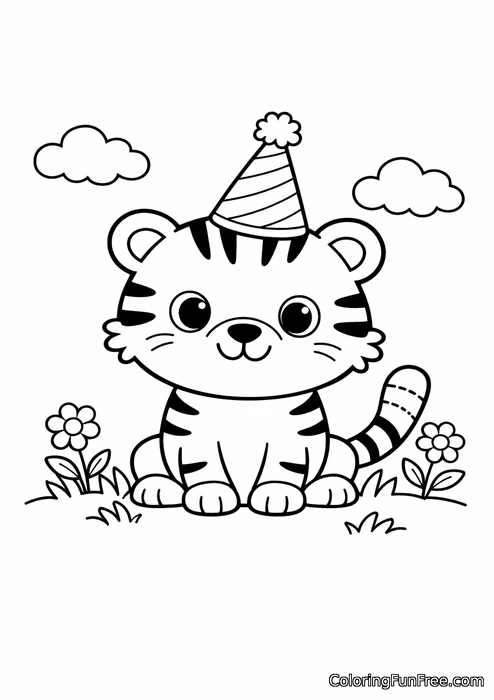 Friendly tiger wearing a party hat