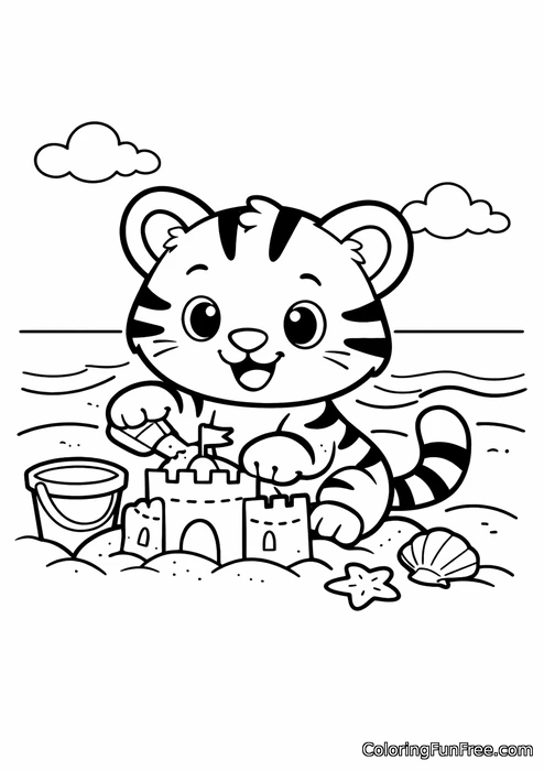 Tiger cub building a sandcastle on the beach
