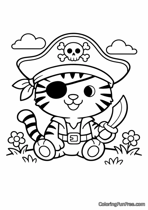 Tiger cub dressed as a pirate with a hat and eyepatch