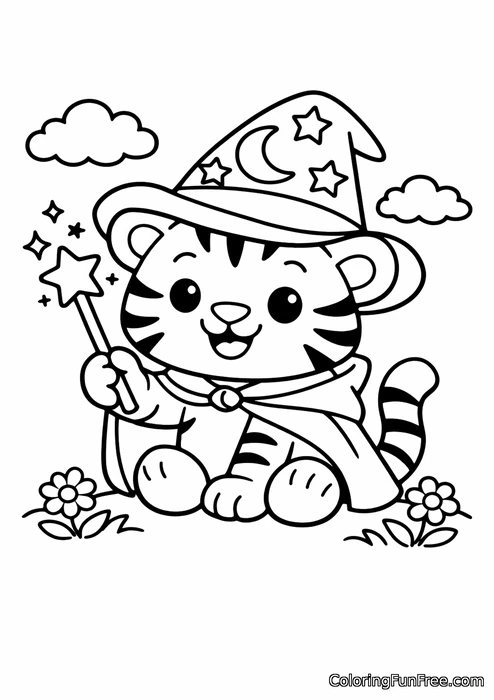 Tiger cub dressed as a wizard with a hat and magic wand