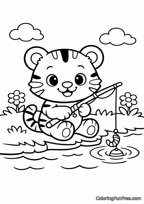 Tiger cub fishing by a river