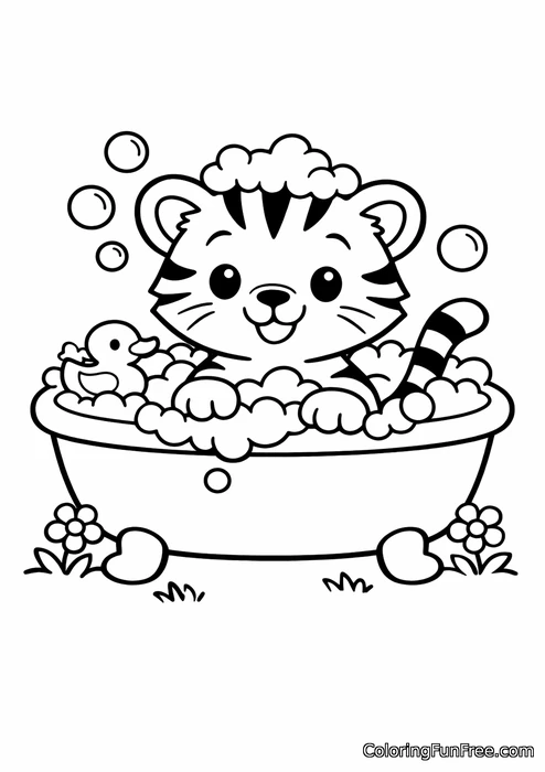 Tiger cub taking a bath in a tub with soap bubbles