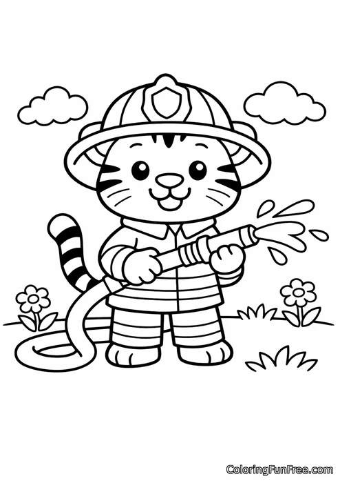 Tiger dressed as a firefighter with a helmet and hose