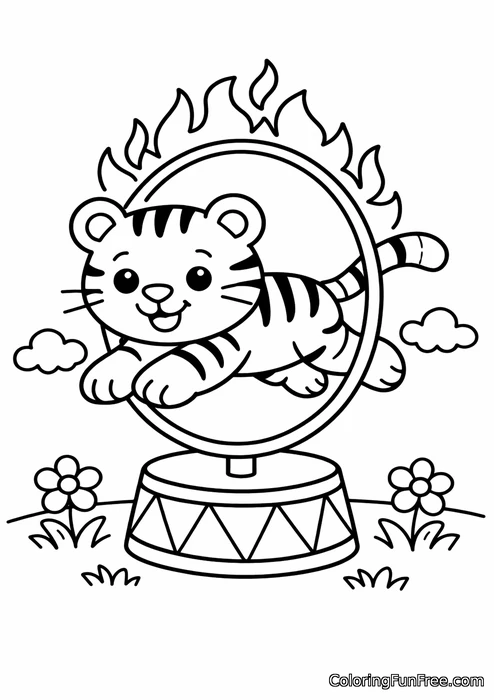Tiger jumping through a hoop in a circus