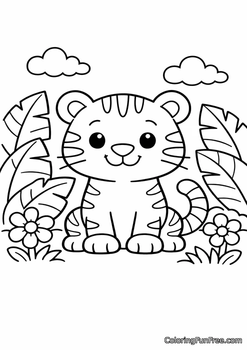 Tiger sitting in a jungle surrounded by big leaves and flowers