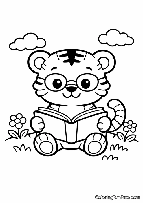 Tiger wearing glasses and reading a book