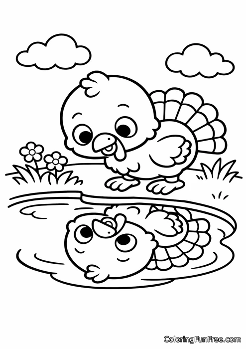 Baby turkey looking at its colorful reflection