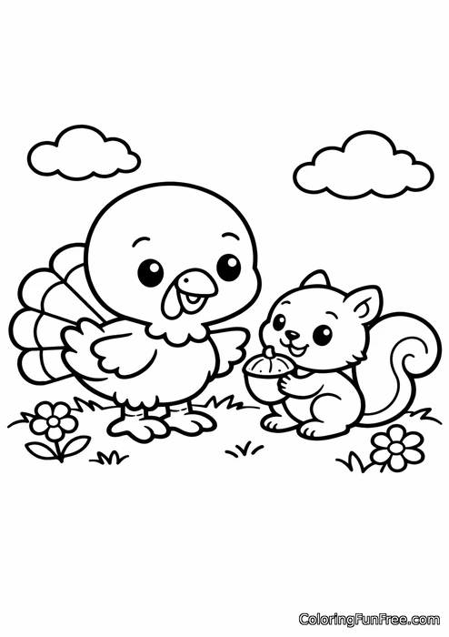 Baby turkey making friends with a little squirrel