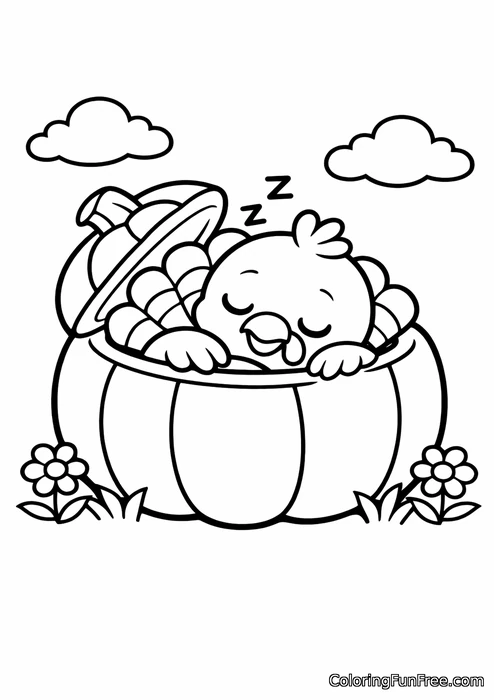 Baby turkey napping inside a giant pumpkin