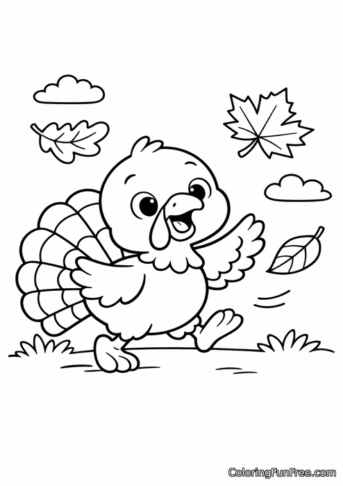 Little turkey chasing falling autumn leaves