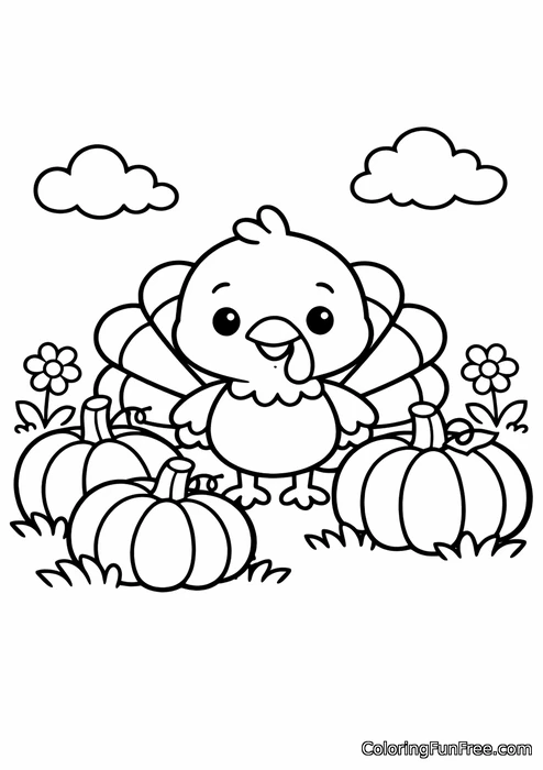 Little turkey exploring a pumpkin patch