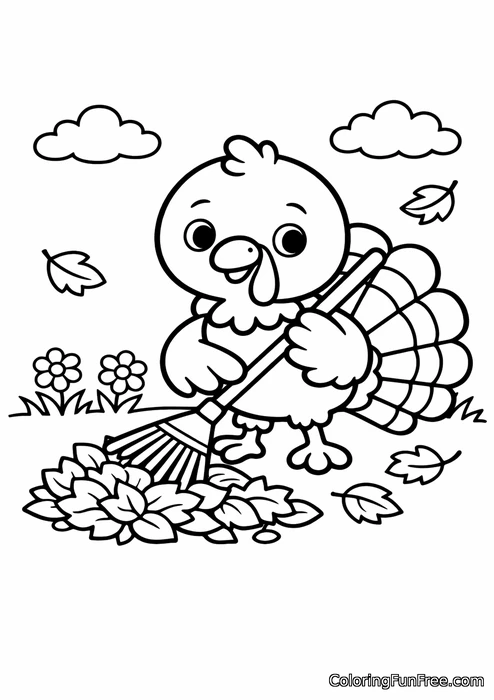 Little turkey helping rake leaves in the garden