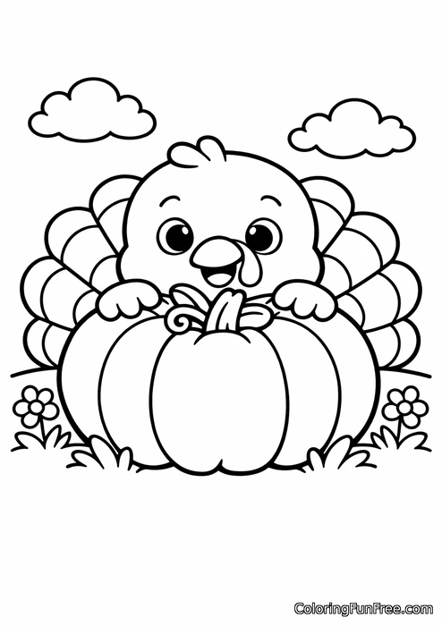 Turkey kid hiding behind a pumpkin