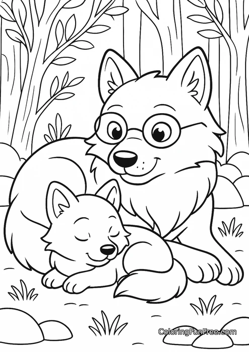 Wolf mom and cub sleeping