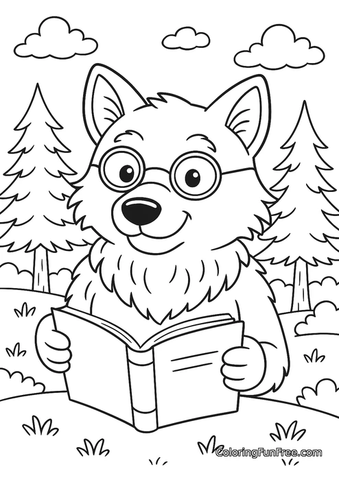Wolf with book in forest