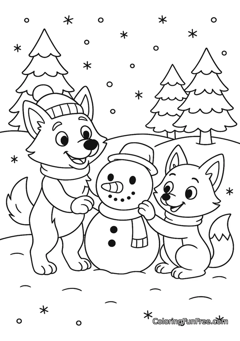 Wolves building snowman