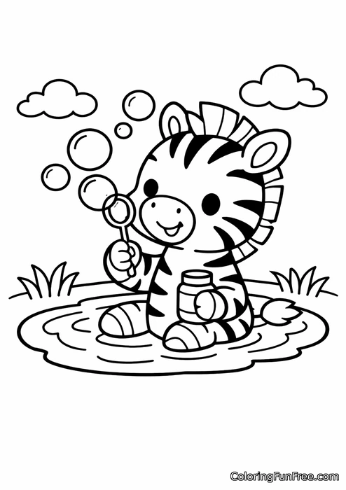 Baby zebra blowing bubbles in a watering hole