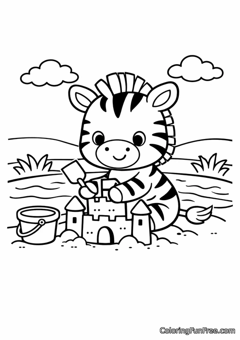 Baby zebra building a sandcastle on a riverbank