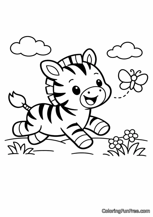 Baby zebra chasing a butterfly across the grasslands