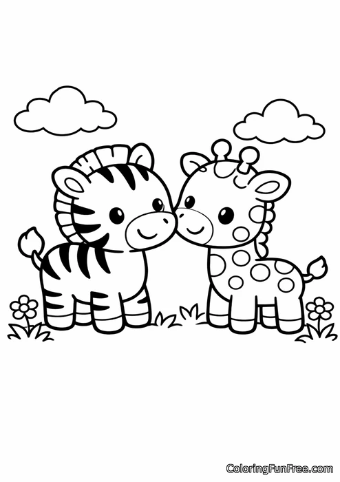 Baby zebra making friends with a little giraffe