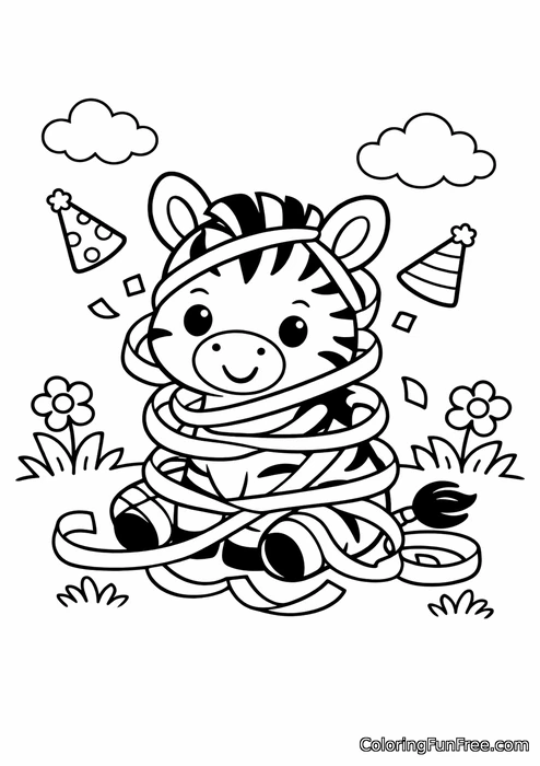 Baby zebra tangled up in a streamer at a party