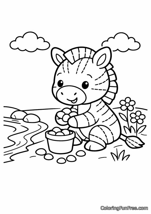 Little zebra collecting colorful pebbles by a stream