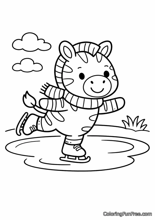 Little zebra ice skating on a frozen pond