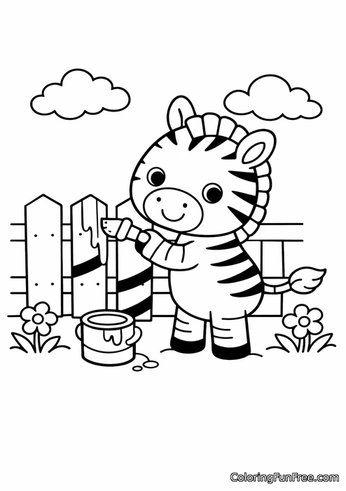 Little zebra painting extra stripes on a fence