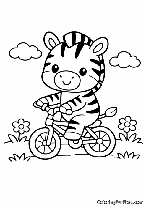 Little zebra riding a bicycle through a meadow