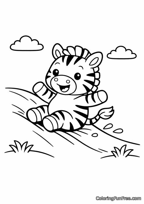 Little zebra sliding down a sandy dune