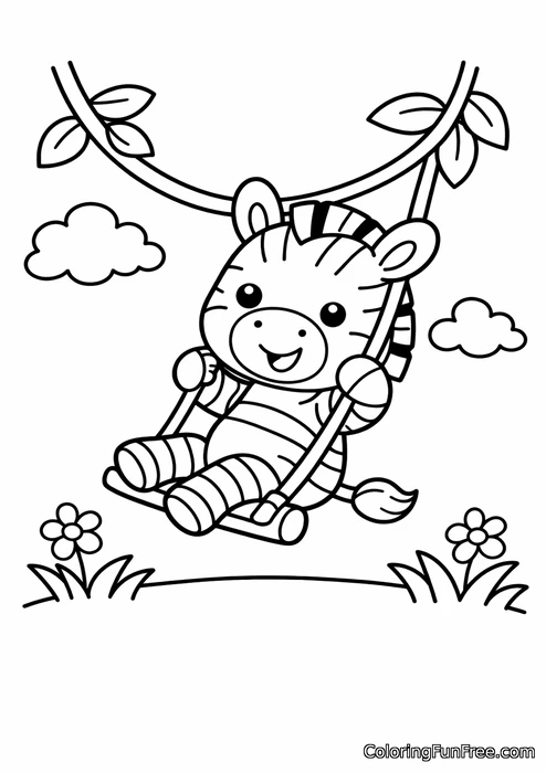 Little zebra swinging on a vine in the jungle