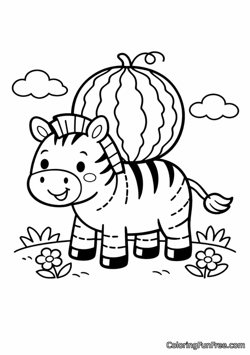 Zebra balancing a watermelon on its back