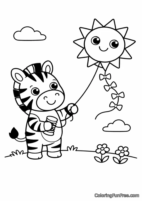 Zebra flying a kite shaped like a sun