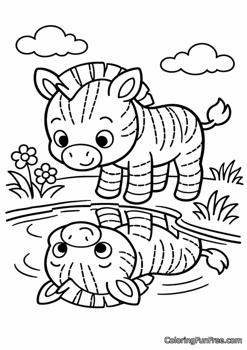 Zebra foal looking at its reflection in a river