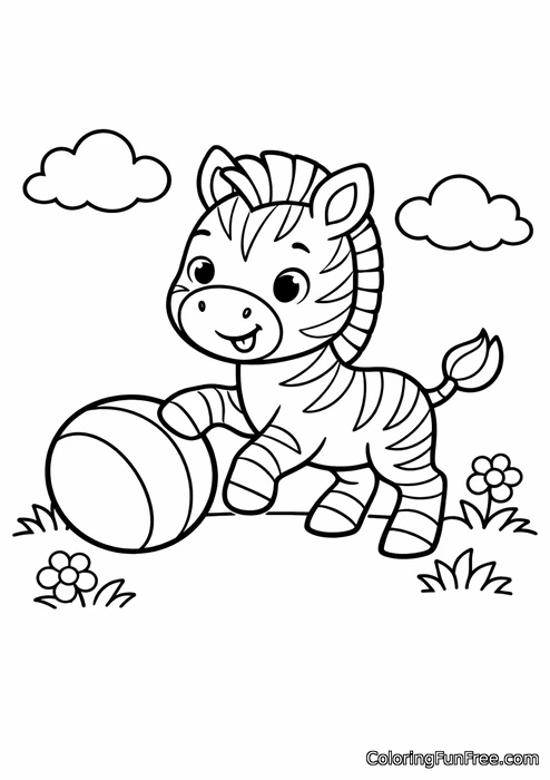 Zebra foal playing with a bouncy ball in a field