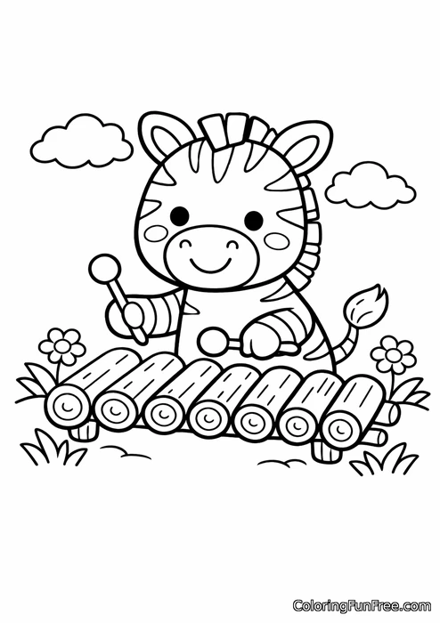 Zebra playing a xylophone made of logs