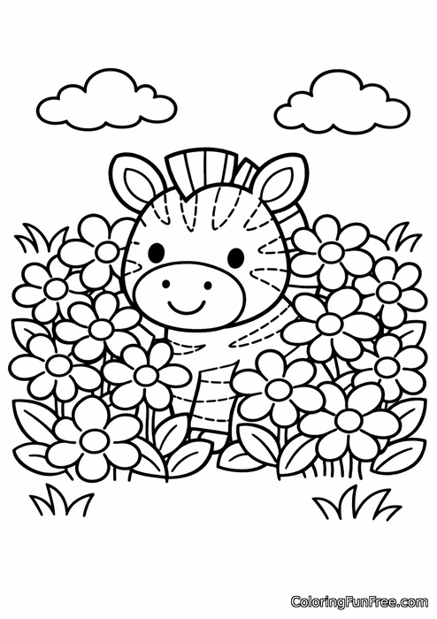 Zebra trying to camouflage in a field of black and white flowers