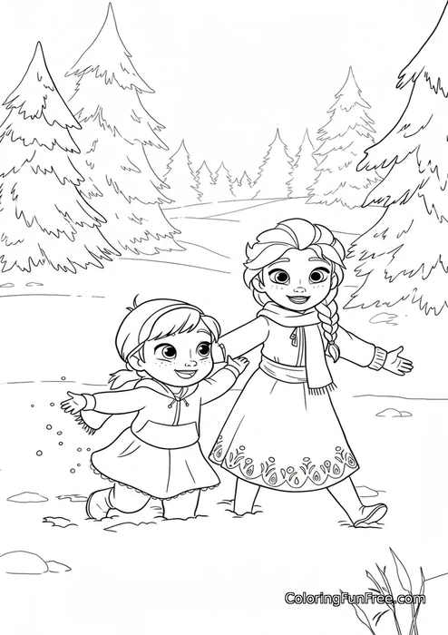 Young Anna and Elsa playing in snow