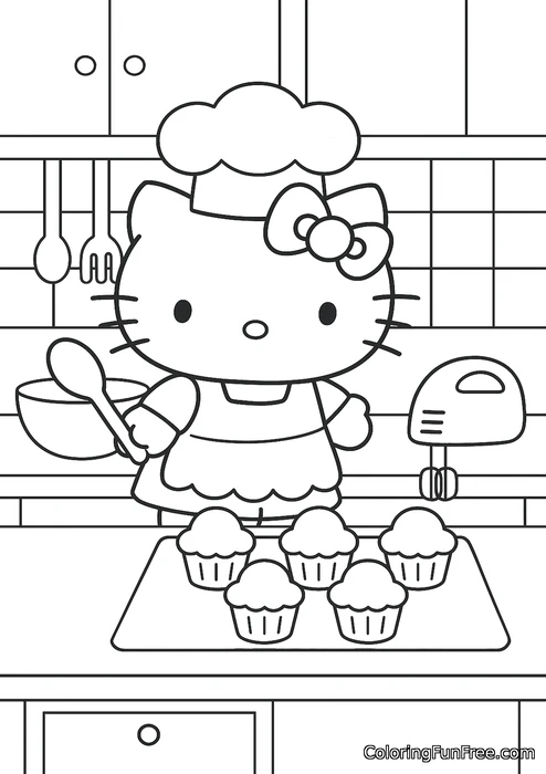 Hello kitty in kitchen baking